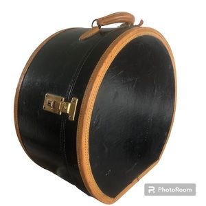 Large Antique Navy/Tan Leather Travel Hat Box 1919